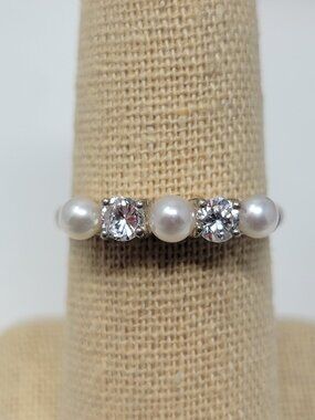 Avon 925 Sterling Silver Faux Pearl CZ Ring Sz 8 8.5 Signed Elegant